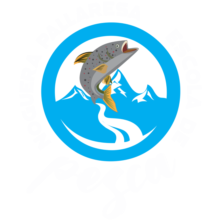 
Logo with a fish jumping over a river, surrounded by mountains.