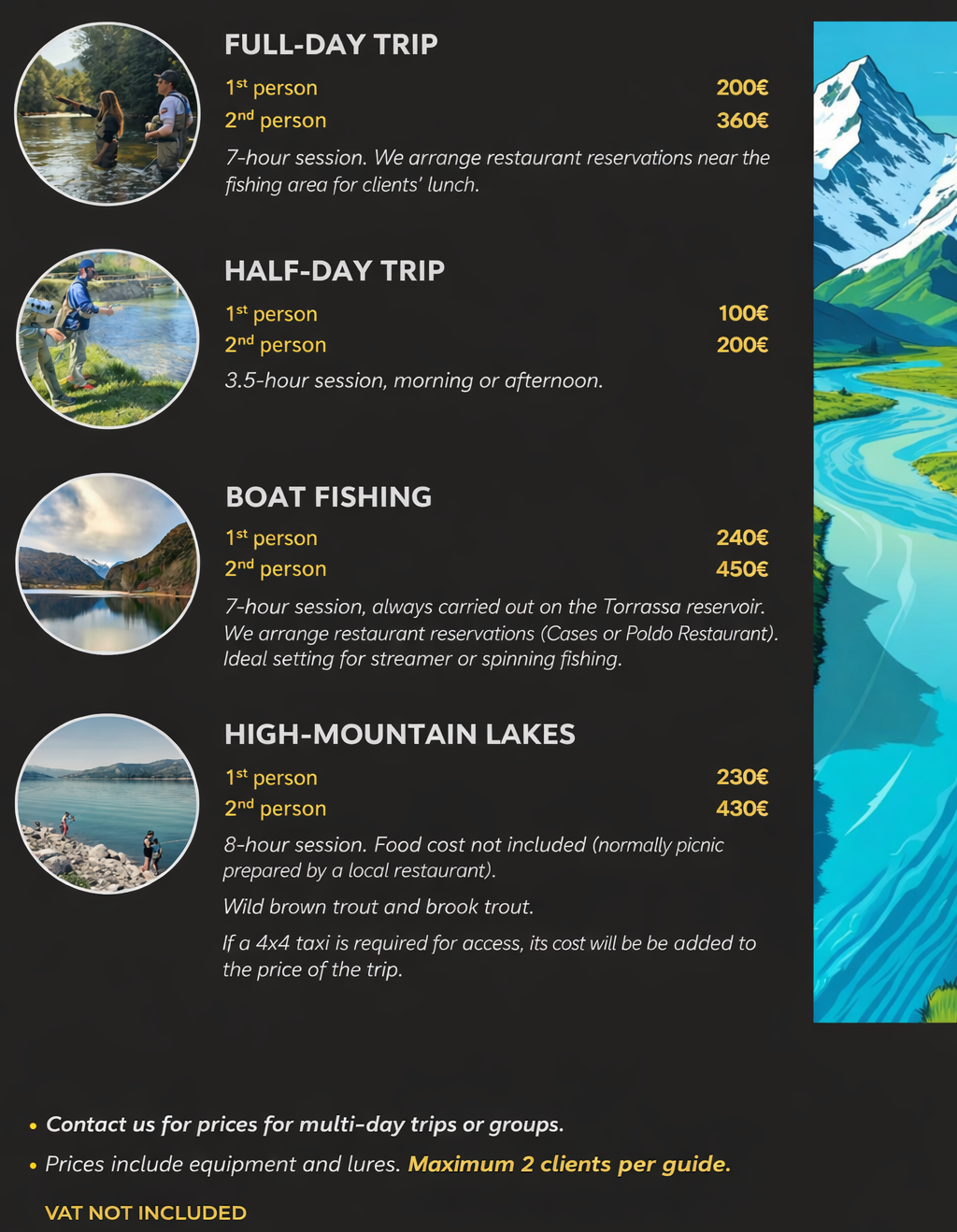 Colorful trout with options for activities and fishing duration in a mountain lake.