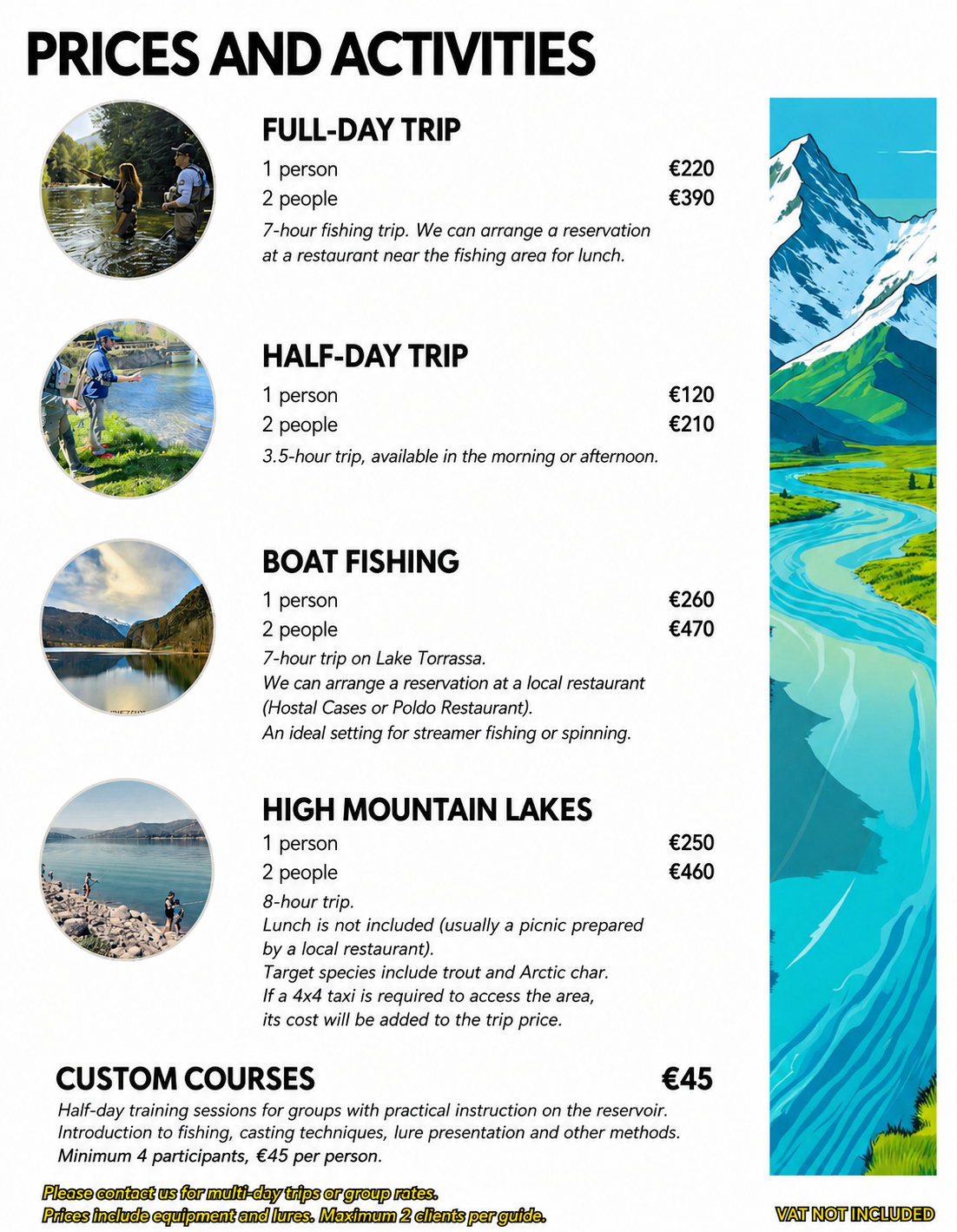 Colorful trout with options for activities and fishing duration in a mountain lake.